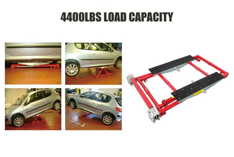 Portable Dual Workbench Scissor Lift Providing 4400 Lbs Capacity And Three Adjustable Widths, lifting a car in garage