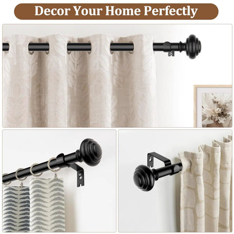 Heavy Duty Curtain Rod Set For Windows 72 To 144 Inches 7/8 Inch Adjustable Drapery Rods With Modern Finials in living room.