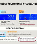 LCD screen comparison showing total value and coin types for Aifieego High Speed Coin Counter Sorter And Wrapper Machine.