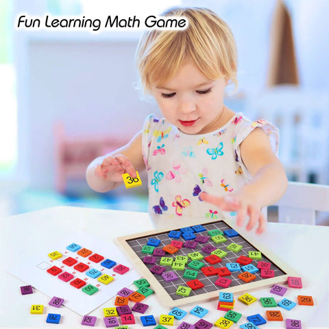 Toddler playing with Rock Solid Wooden Montessori Math Counting Board Puzzle For Toddlers, smooth finish number grid with colorful tiles.
