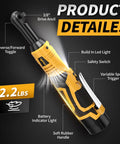 Pro Grade 3/8 Inch Cordless Electric Ratchet Wrench Kit With Variable Speed And 45 Ft Lbs Of Twist Power showing features like LED light, safety switch, and soft rubber handle.