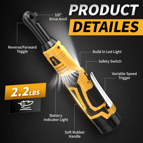 Pro Grade 3/8 Inch Cordless Electric Ratchet Wrench Kit With Variable Speed And 45 Ft Lbs Of Twist Power showing features like LED light, safety switch, and soft rubber handle.