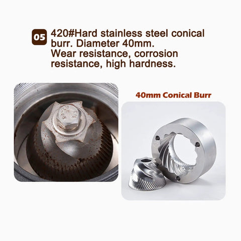 No Fuss Electric Coffee Grinder Featuring A 40mm Hardened Stainless Steel Conical Burr with intricate design for precise grinding.