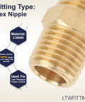 Close-up of Brass Pipe Hex Nipple Fitting One Quarter Inch NPT Male Thread showing material and pressure details