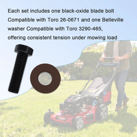 Three-Set 26-0671 Blade Bolts And Belleville Washers Toro Compatible For Walk Behind And Riding Mowers And TimeCutter ZTRs Exmark Compatible Built Tough Get It Done Easy Install Keeps Deck Tight And Rolling, black-oxide bolt and washer