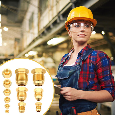 Worker with Brass SAE 45 Degree Flare Plug And Cap Set, 6 Size Assortment For 1/4, 5/16, 3/8, 1/2, 5/8 And 3/4 Inch Tube OD