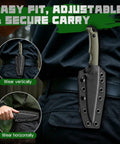 Beast Fixed Blade Outdoor Knife With D2 Steel Blade And Toothed Spine sheathed on belt for vertical and horizontal carry