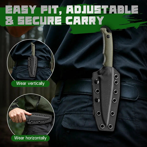 Beast Fixed Blade Outdoor Knife With D2 Steel Blade And Toothed Spine sheathed on belt for vertical and horizontal carry