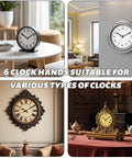 Two Pack Non Ticking Clock Movements With Six Styles Clock Hands Of Different Sizes, shown on various styled clocks.