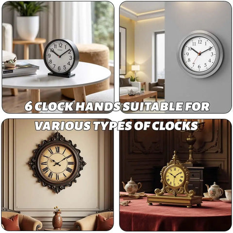 Two Pack Non Ticking Clock Movements With Six Styles Clock Hands Of Different Sizes, shown on various styled clocks.