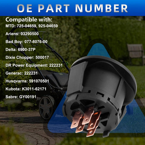 Front view: black plastic lawn mower ignition switch with five copper terminals