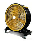 Premium 220V Heavy Duty Floor Fan With 92 Cm Wide Diameter And Tough As Nails Steel Build, featuring yellow and black design on wheels.