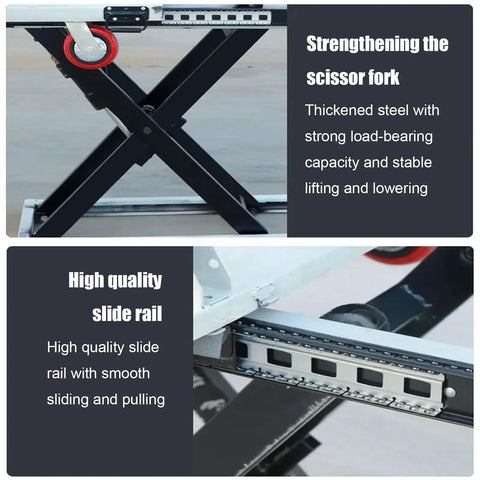 Close-up of Heavy Duty Hydraulic Scissor Lift Trolley Cart With Electric Flatbed Platform showing sturdy steel scissor fork and high quality slide rail.