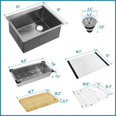 Diagram showing dimensions of Workstation Undermount Kitchen Sink 23x19 Inch Single Bowl 16 Gauge Stainless Steel with accessory kit.