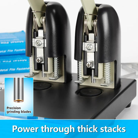 Close-up of Heavy Duty Two Hole Paper Punch For Binders Metal Power Puncher With Long Lever Punches Up To 150 Sheets 70 mm