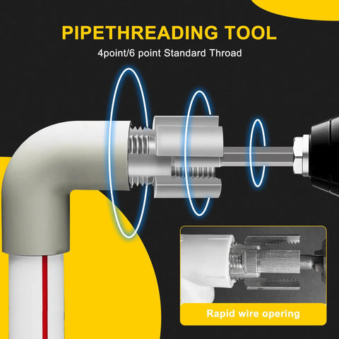 Kick Butt On Your Plumbing Projects With This Awesome 2 Piece Pipe Threading Tool Set Featuring Integrated Internal And External Threads For 1/2 Inch And 3/4 Inch Pipes Perfectly Compatible With Electric Drills For Quick And Easy Diy Home Repair Or showcasing a pipe threading tool engaged with a pipe.