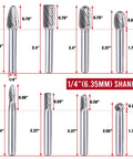 Workhorse Tungsten Carbide Rotary Burr Set Featuring Ten Double Cut Die Grinder Bits Plus Three Metal Cutting Wheels For Heavy Duty Grinding Deburring And Precision Shaping Built To Last With Wood Case image showing dimensions of ten carbide burrs with 1/4 inch shank.