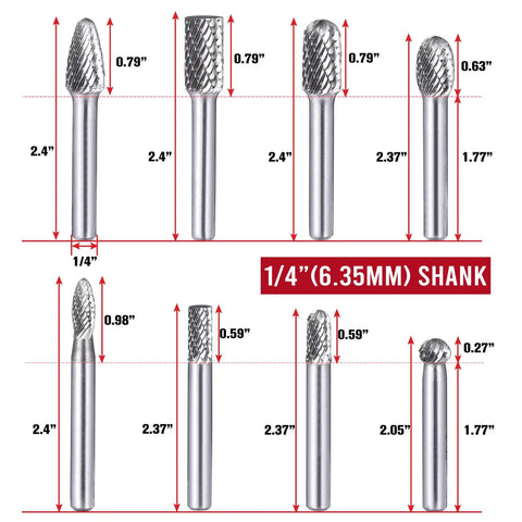 Workhorse Tungsten Carbide Rotary Burr Set Featuring Ten Double Cut Die Grinder Bits Plus Three Metal Cutting Wheels For Heavy Duty Grinding Deburring And Precision Shaping Built To Last With Wood Case image showing dimensions of ten carbide burrs with 1/4 inch shank.