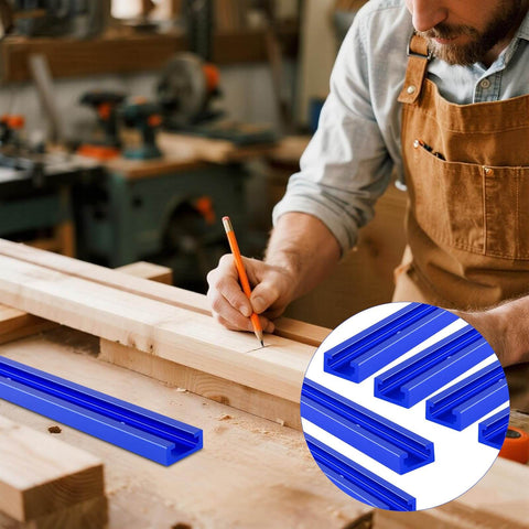 Woodworker marking wood near Blue 48 Inch Aluminum T Track Set For Woodworking Six Pack With Predrilled Mounting Holes And Seventy Two Screws Universal Three Quarter Inch Width By Three Eighths Inch Depth Easy Install For Drill Press Tables And Router Tables Ready To Roll