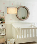 Plug In Pendant Light With Beige Linen Shade, 15 Ft Clear Cord, On Off Switch, Hanging Light Fixture over white crib in nursery