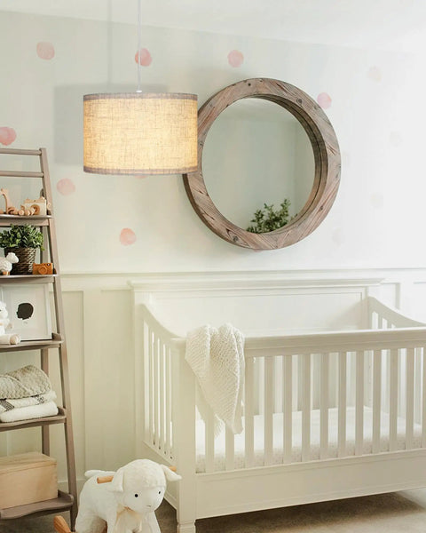 Plug In Pendant Light With Beige Linen Shade, 15 Ft Clear Cord, On Off Switch, Hanging Light Fixture over white crib in nursery