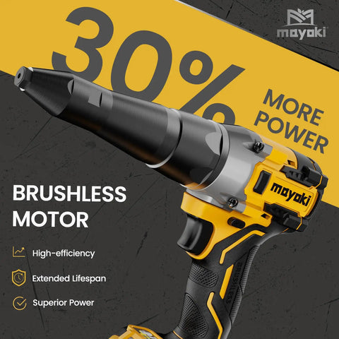 Close-up of Heavy Duty Cordless Rivet Gun Compatible With Dewalt 20V and 60V Max Battery System Tool Only Featuring Brushless Motor.