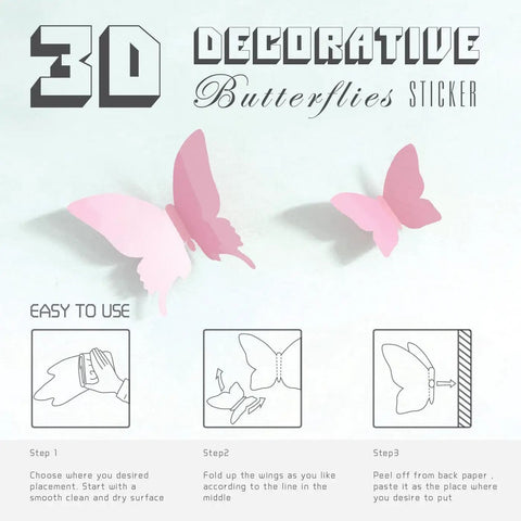 Easy use guide for 3D decorative butterfly stickers showing steps to apply removable wall decals.