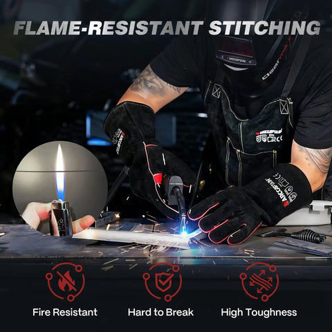Leather Forge Welding Gloves 16 Inch Heavy Duty Heat Resistant Up To 662 Degrees Hand Protection For Stick MIG TIG Welding And Grill Ready Fire Pit BBQ Grill Fireplace Wood Stove Furnace Oven used in welding.