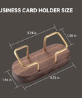Walnut Wood Business Card Holder For Desk And Office with brass accents, dimensions labeled, sleek design.