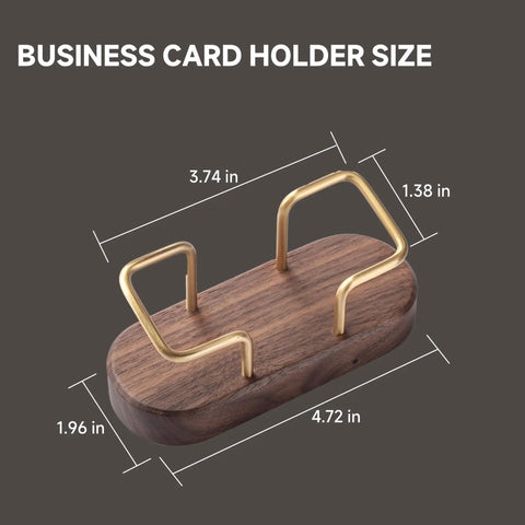 Walnut Wood Business Card Holder For Desk And Office with brass accents, dimensions labeled, sleek design.