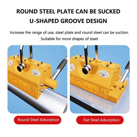 Rugged 3 Ton Permanent Lifting Magnet With Quick Release Lever For Thick Steel Plates Cylinders And Iron Bars Heavy Duty Neodymium Hoist Grip shown on round and flat steel