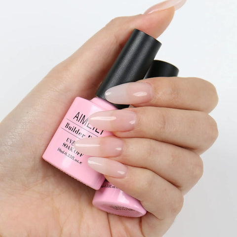 Hand holding Builder Base Clear Gel Kit For Nails Sheer Color Gel Reinforcement Lacquer Hema Free Cruelty Free Vegan No Slip Solution