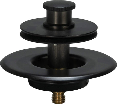 Tub Drain Trim Kit With Push eN Lift Stopper in oil rubbed bronze finish, showcasing durable stainless steel design from side angle.