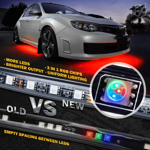 Dope Underglow LED Light Kit For Cars 4 Pieces RGB Neon Underside Lights installed on car showing bright red glow and LED details