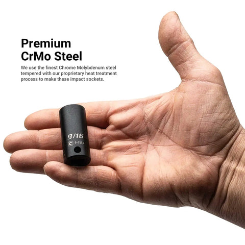 Hand holding a 9/16 shallow socket from Beefy Three Eighths Inch Drive Impact Socket Set With Shallow, Semi Deep And Deep Sockets, SAE Range From Five Sixteenths To One Inch, Thirty Six Piece Kit For Power Tools, Chrome Molybdenum Construction For Maximum Torque And Long Lasting Durability.