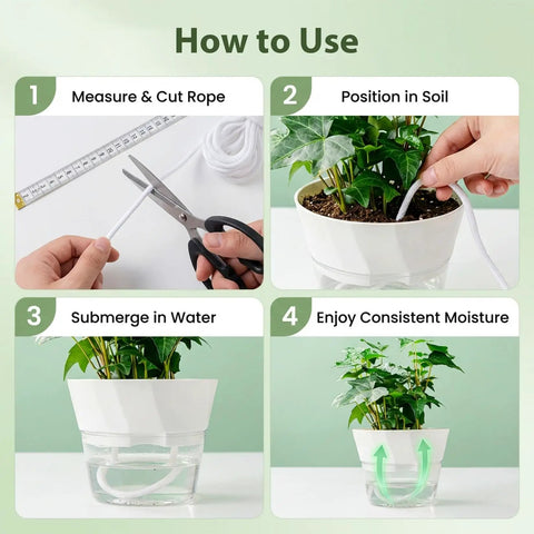 Instructions for using Self Watering Rope For Plants 50 Feet Long By Quarter Inch Thick Capillary Wicking Cord For Vacation DIY System