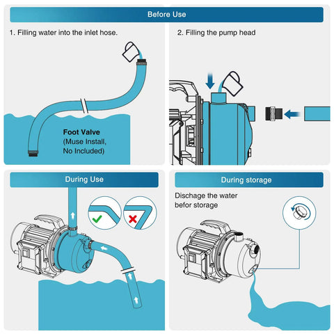 Setup and storage instructions for 2HP Portable Shallow Well Pump For Home Use 1800 GPH Water Transfer Pump 110V Stainless Steel Garden Booster