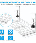Under Desk Cable Tray Organizer With Clamp On Mount White Mesh Cable Management Tray For Desk 15.75 Inch Long By 6.3 Inch Wide Keeps Cords Neat Accessible Sturdy Steel Construction 1 Count closeup of white mesh design with easy installation clamps and strength ratings
