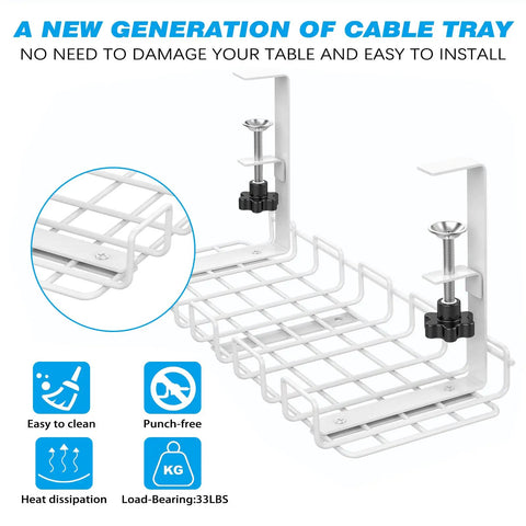 Under Desk Cable Tray Organizer With Clamp On Mount White Mesh Cable Management Tray For Desk 15.75 Inch Long By 6.3 Inch Wide Keeps Cords Neat Accessible Sturdy Steel Construction 1 Count closeup of white mesh design with easy installation clamps and strength ratings