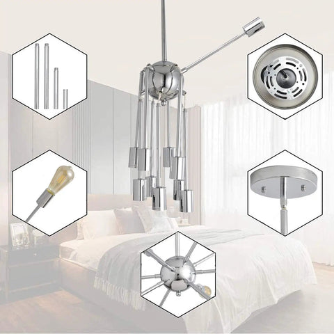 Sputnik Chandelier Light Fixture Chrome Finish Eight Light Ceiling Lamp in modern bedroom setting with focus on parts.