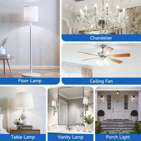 Collage of various lighting fixtures including floor lamp, chandelier, ceiling fan, table lamp, vanity lamp, and porch light.