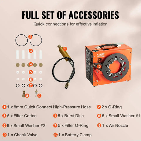 Full set of accessories for Heavy Duty Portable PCP Air Compressor Pump with quick connections for effective inflation.