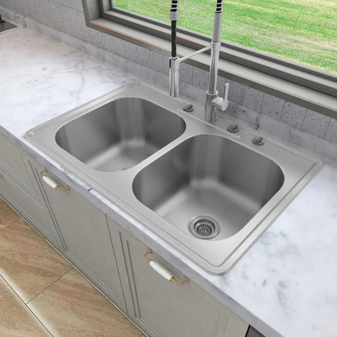 Drop In Double Bowl Kitchen Sink 33 Inch By 22 Inch By 9 Inch, 18 Gauge 304 Stainless Steel Satin Finish, Sink installed in countertop