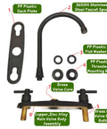 Road Trip Ready Eight Inch Metal RV Kitchen Sink Faucet Featuring Two Handle Design For Smooth Water Flow Control And No Hassle Swap Into Your Favorite Camper Setup Today components displayed including spout and valve assembly.