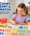Girl sorting colorful counting bears from the 200 Pieces Counting Bears Set With Totally Awesome Color Sorting Toys.
