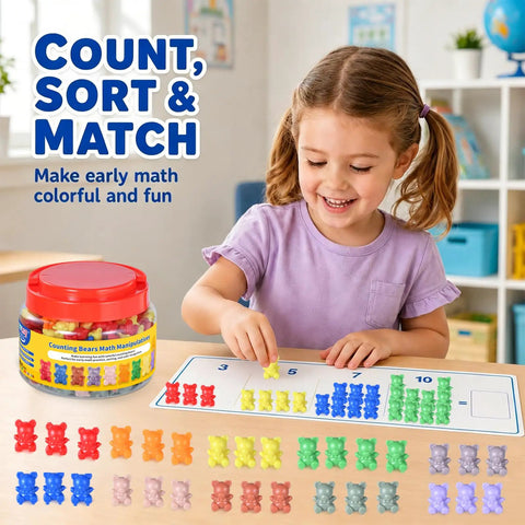 Girl sorting colorful counting bears from the 200 Pieces Counting Bears Set With Totally Awesome Color Sorting Toys.