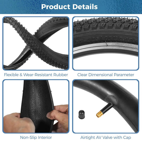 Close-up of Two Pack 20x2.125 Bicycle Tires And Tubes Set With Repair Kit showing tread patterns, valve details, and rubber texture.