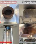 Comparison of a rusty and a new Emitter Screen And Base Replacement Kit For Pyramid Patio Heaters displaying before and after upgrade.