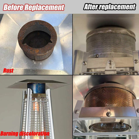 Comparison of a rusty and a new Emitter Screen And Base Replacement Kit For Pyramid Patio Heaters displaying before and after upgrade.