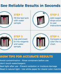 Infographic showing steps to use No Sweat 9 In 1 Pool And Hot Tub Test Kit for chemical testing in pools and spas.
